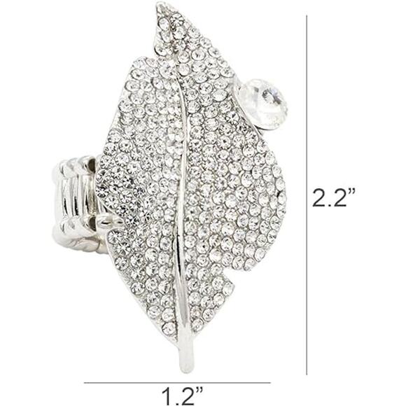 Leaf Design Crystal Stretch Ring for Women Statement Rings - Picture 2 of 3
